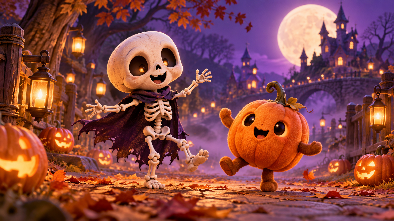 spooky cuties AI video: Small Friendly Skeleton and Round Pumpkin Creature Dancing