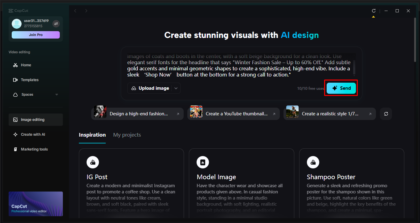 Giving a prompt to design a fashion sale banner in the CapCut desktop video editor