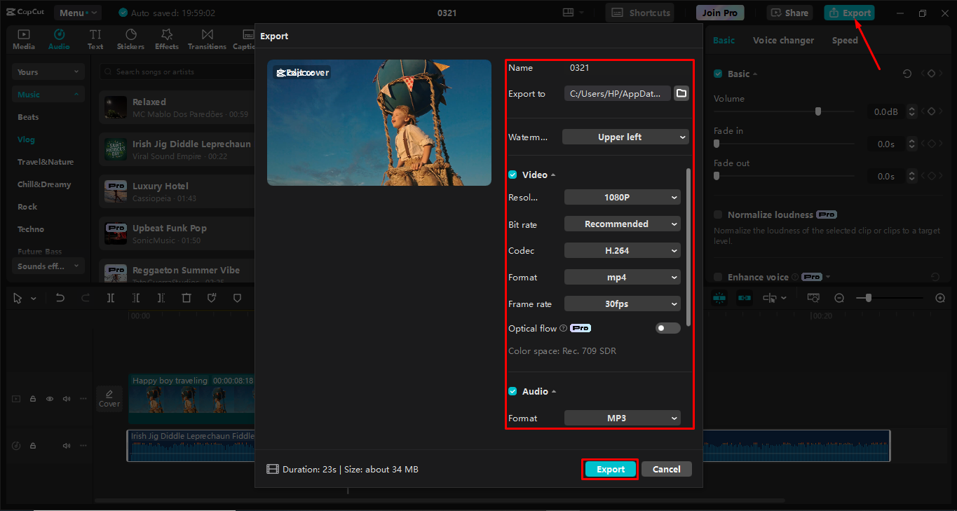 Exporting the video from the CapCut desktop video editor