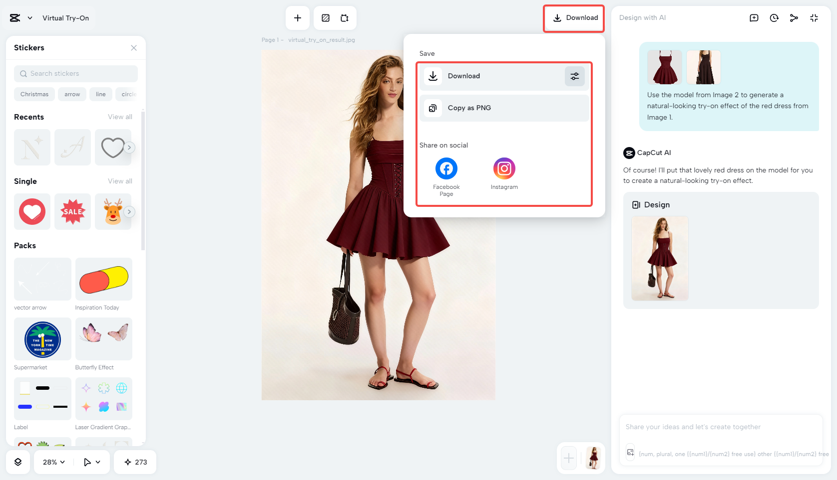 Export the final try-on result