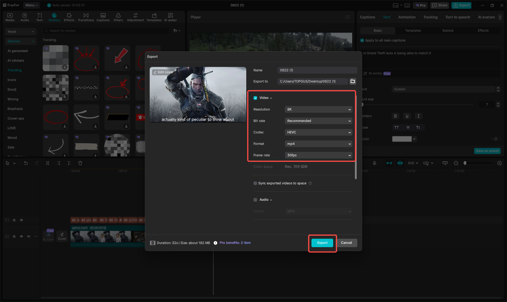 Exportieren Sie das Video in hoher Auflösung