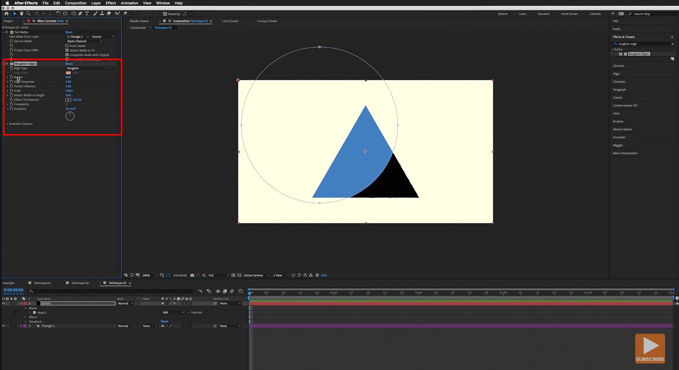 Adjusting roughen edges settings for After Effects grain effect