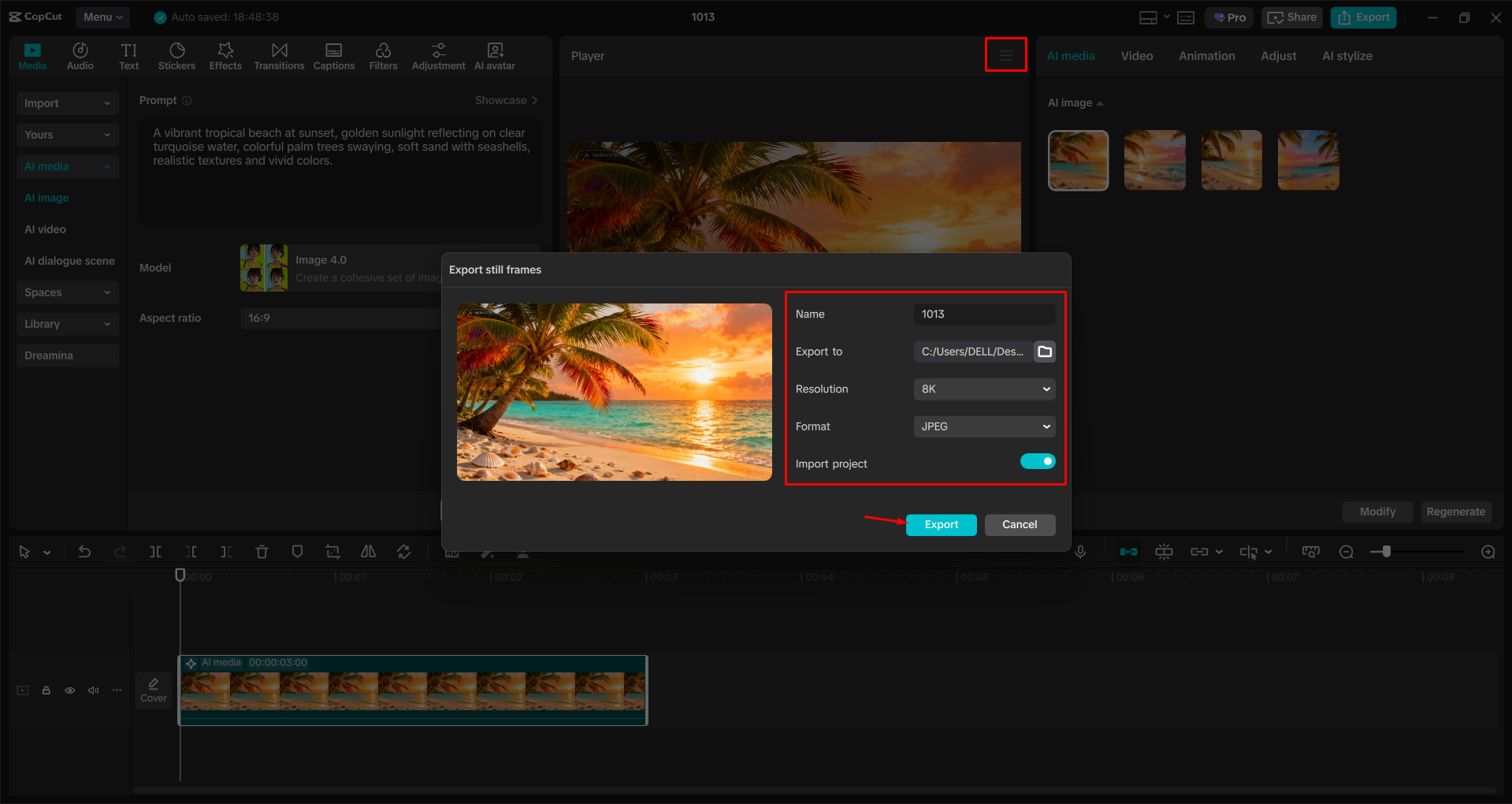 Exporting the image from the CapCut desktop video editor