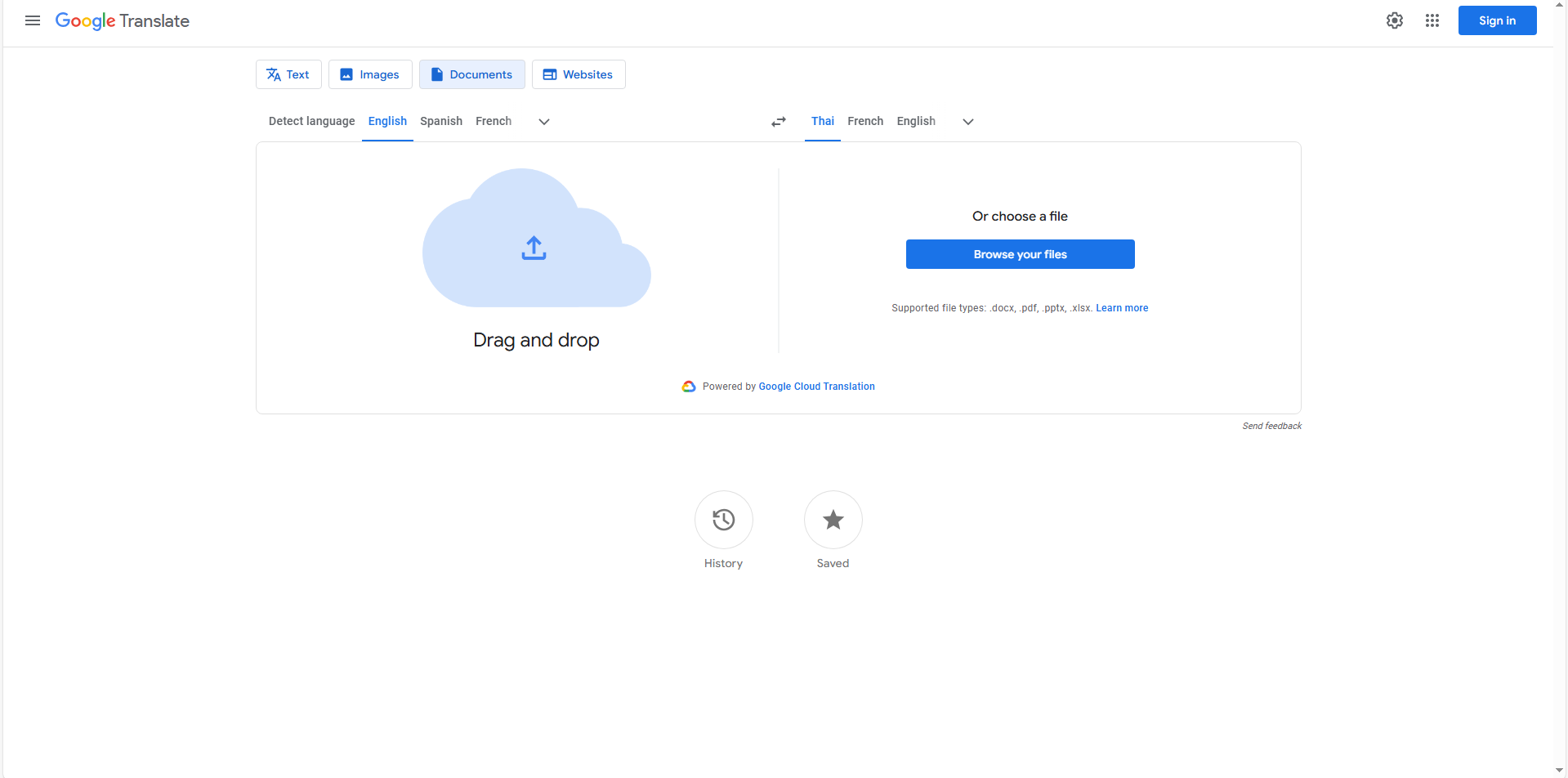 Upload documents to Google Translate for translation