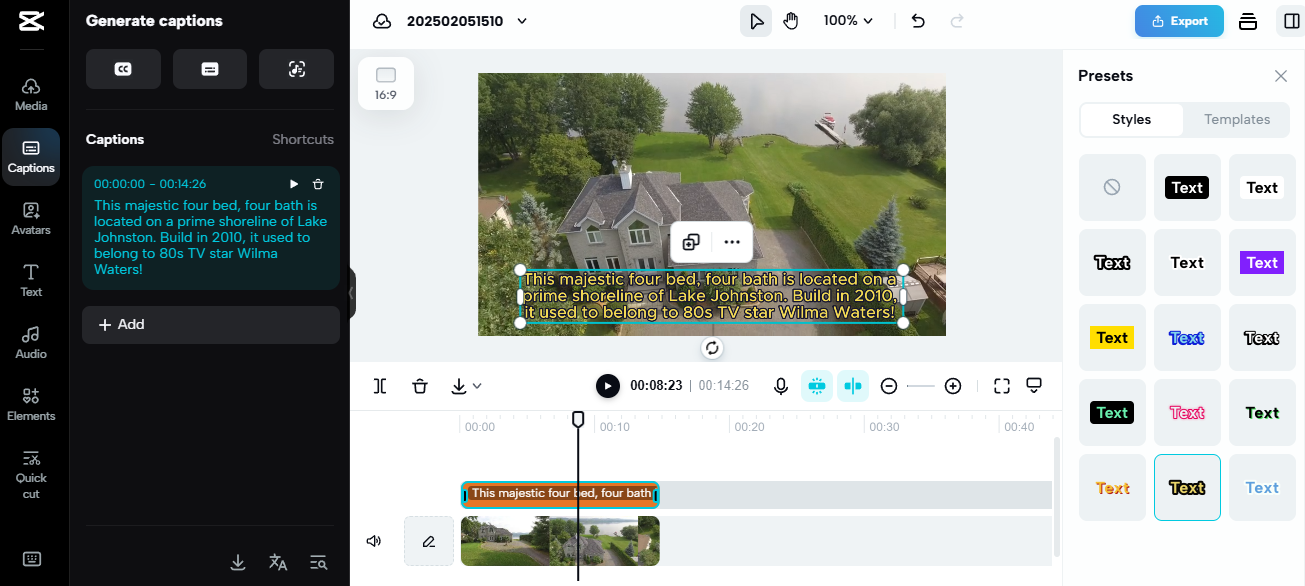 واجهة تحرير CapCut مع ترجمات لجولة عقارية، أداة رائعة للأعمال الجانبية المتخصصة في التسويق العقاري