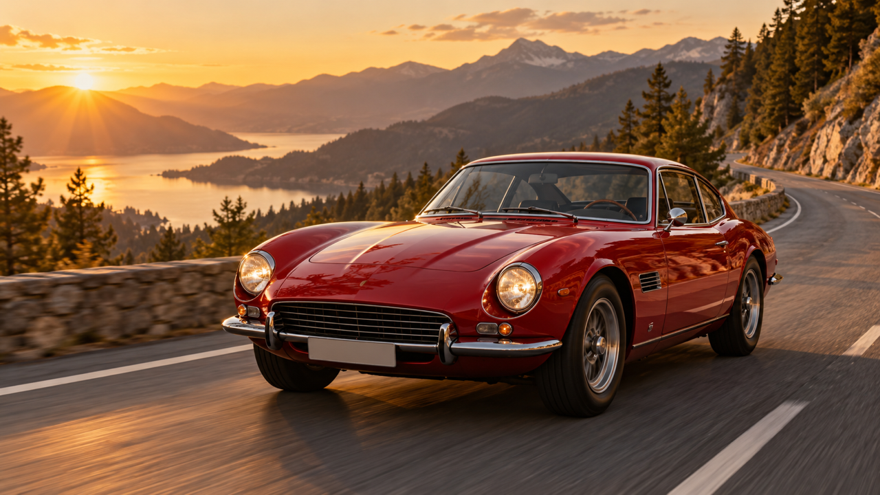 Original markenloser Oldtimer karmesinroter Sportwagen auf einer Bergstraße zur goldenen Stunde, niedrige Dreiviertelansicht, warm polierte Karosserie und geschichtete malerische Berge.