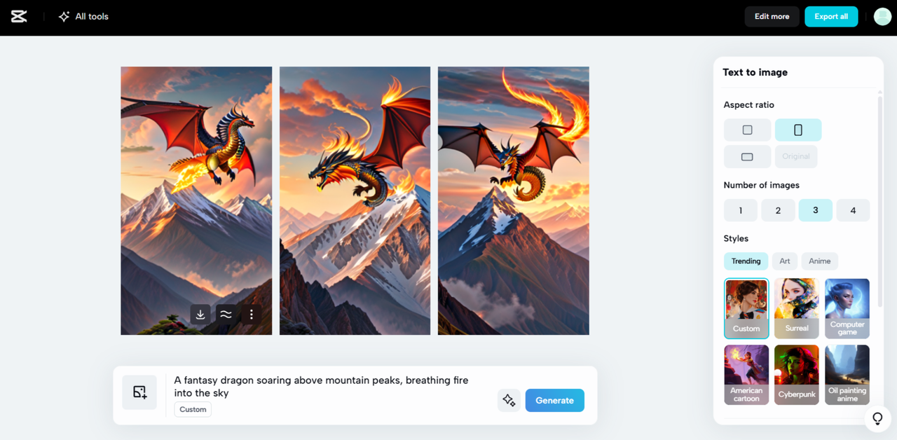 Interface of CapCut Web - an easy way to generate images with AI