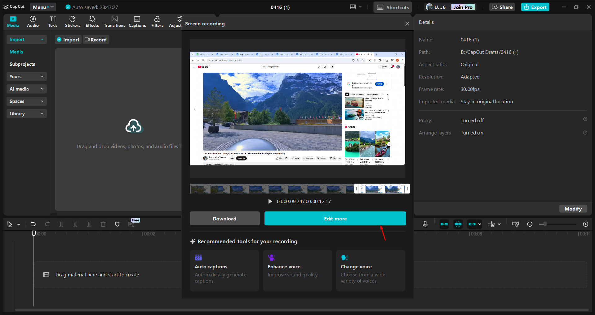 Recording a screen with the CapCut desktop video editor