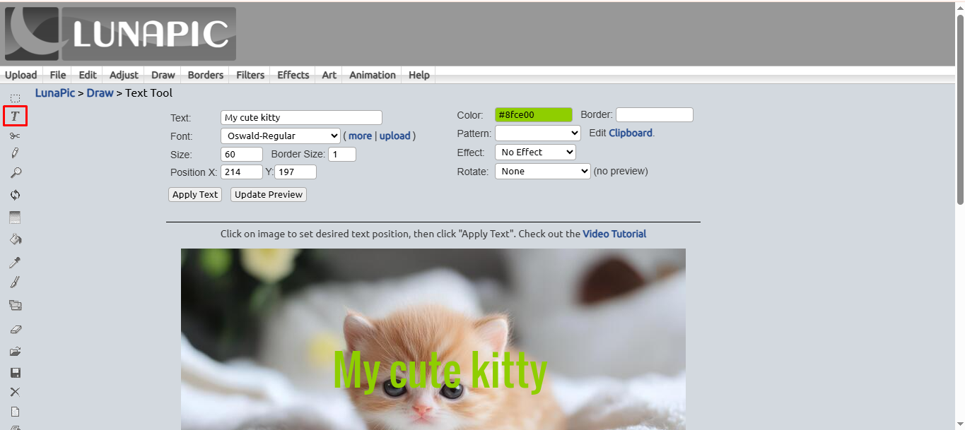 Přidání titulků k obrázkům v LunaPic zdarma online editor fotografií