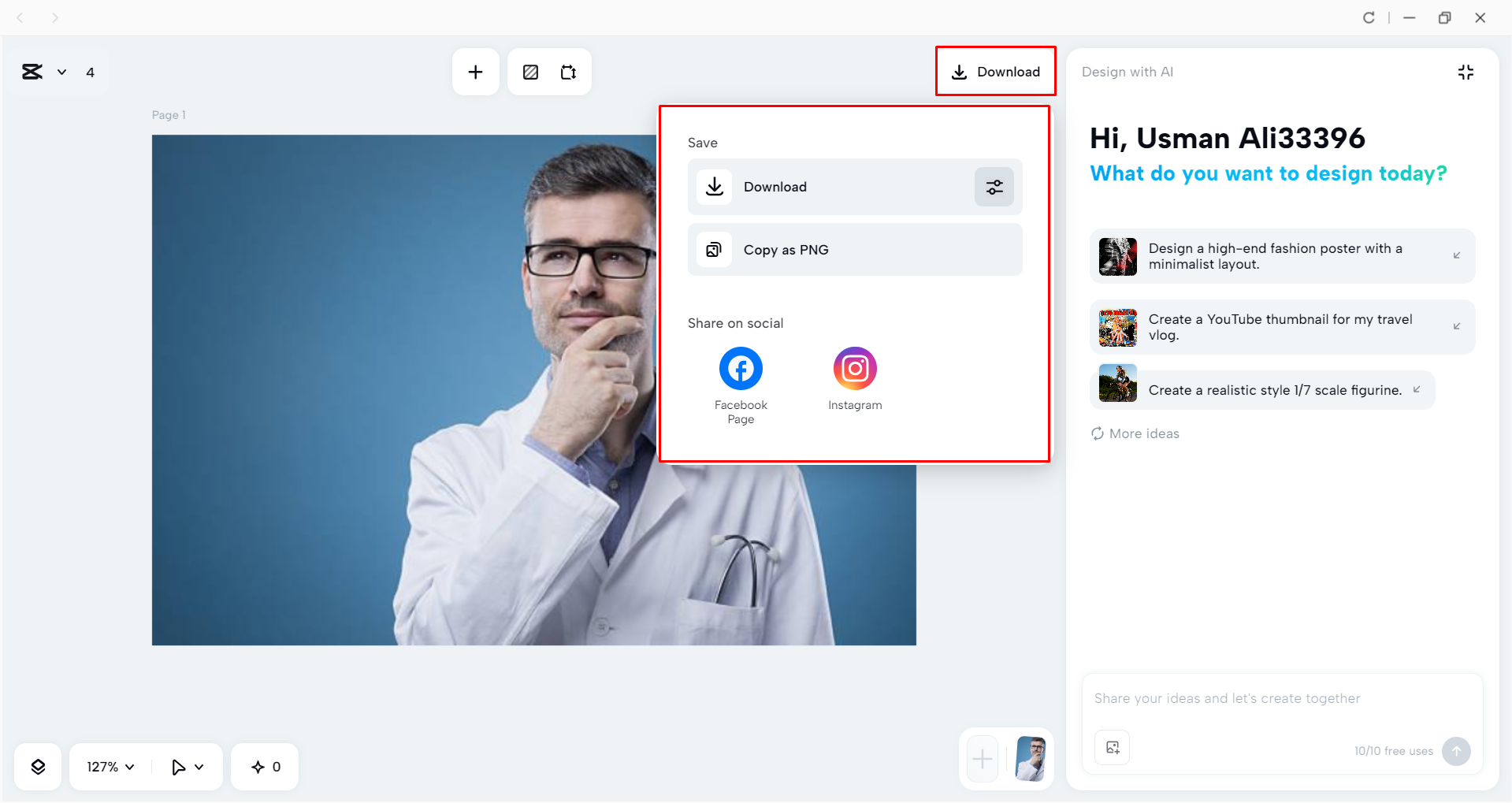 Downloading the image from the CapCut desktop video editor
