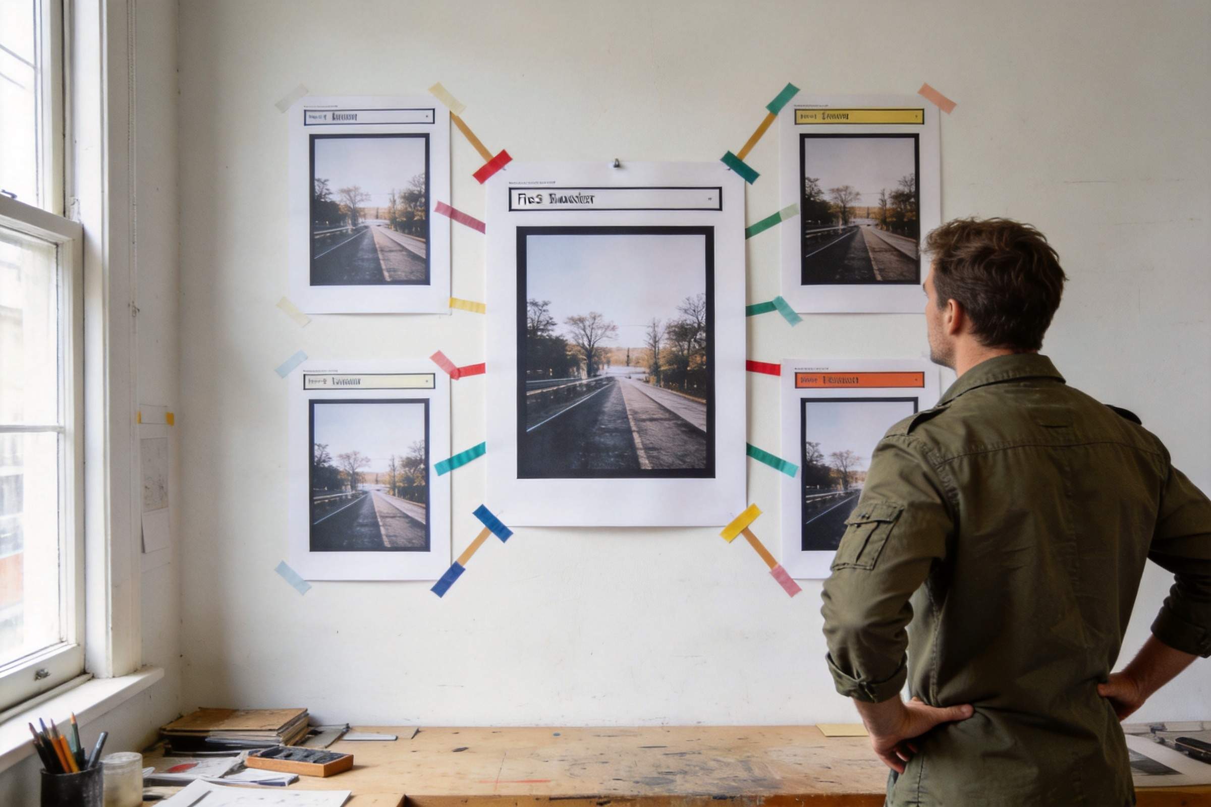 Man studies taped photo prints on a wall in a studio