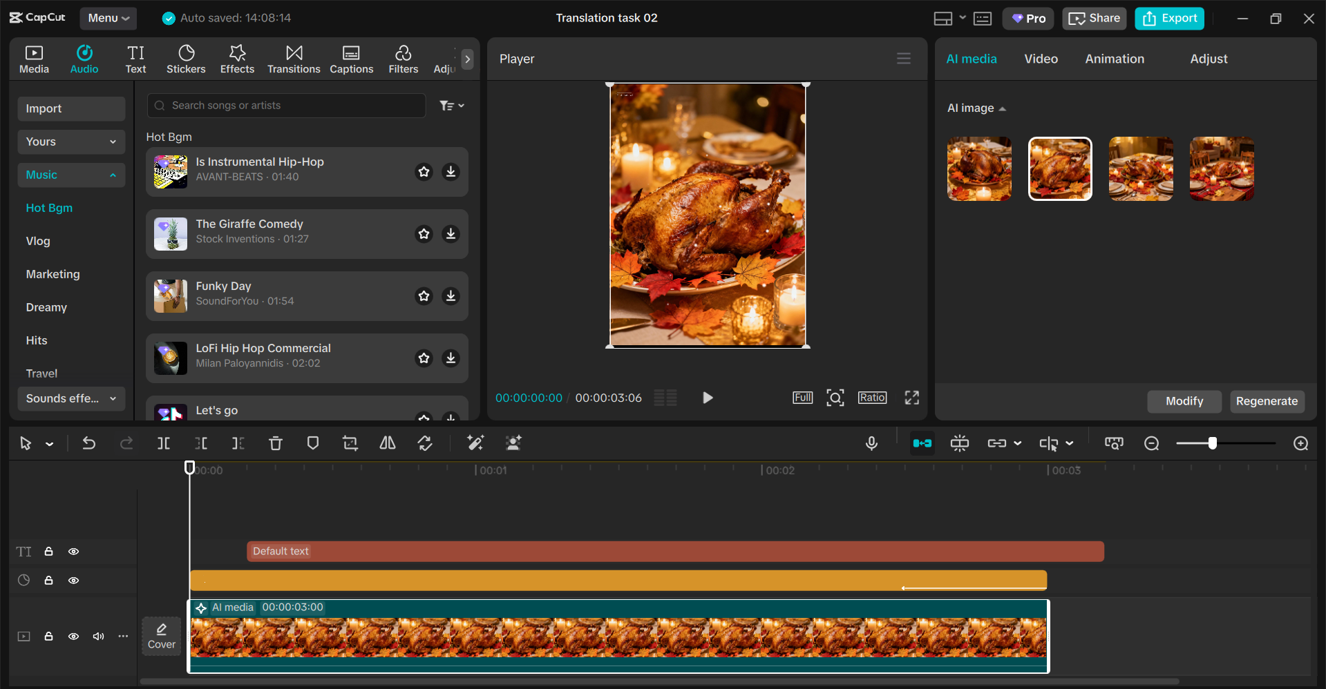 CapCut PC interface showing Thanksgiving clipart design tools and editing workspace