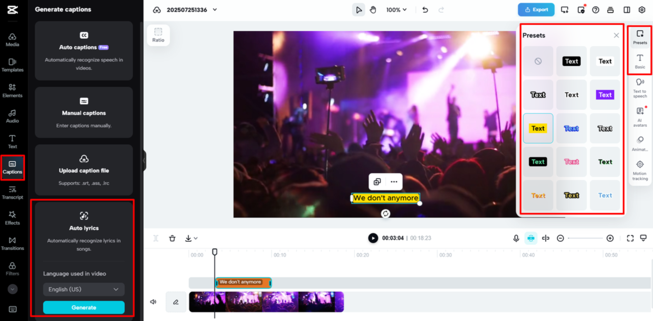 Adding lyrics to a video in the CapCut Web online video editor