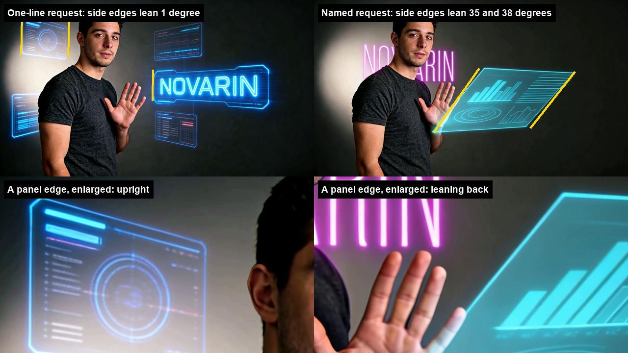 Four panels: a portrait with four upright holographic screens and a neon name bar, the same portrait with one cyan panel tilted back in space, and enlarged crops of a panel edge from each, one vertical and one leaning.
