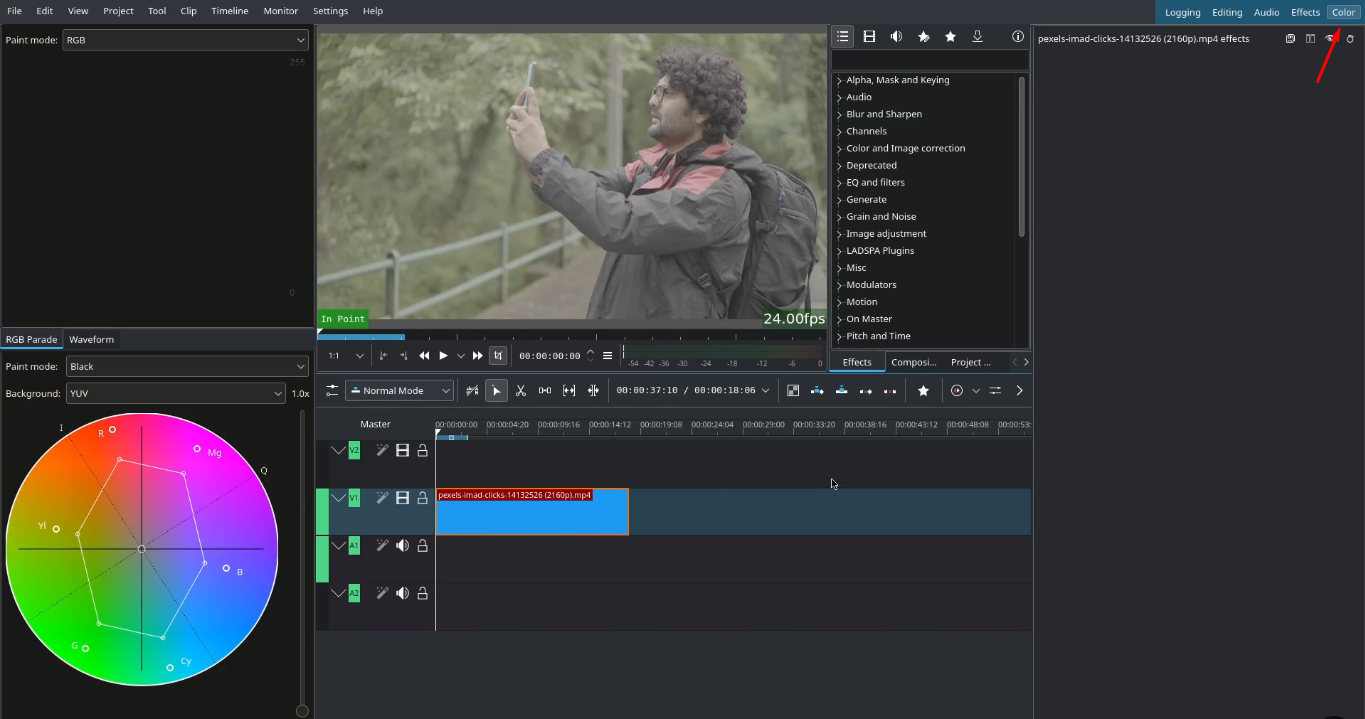 Image showing how to apply color in the Kdenlive video editor