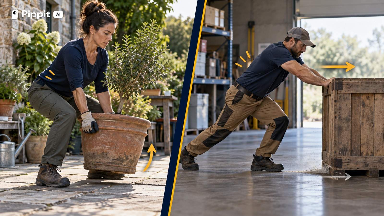 An adult gardener lifts a heavy planter while an adult mover pushes a wooden crate with visible resistance.