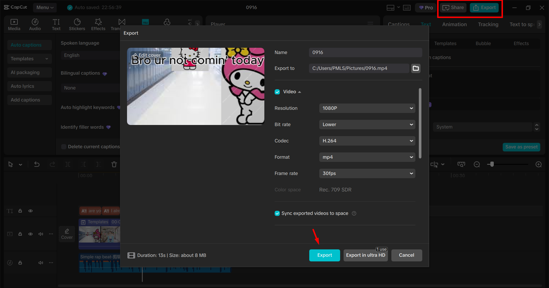 Exporting the video from the CapCut desktop video editor