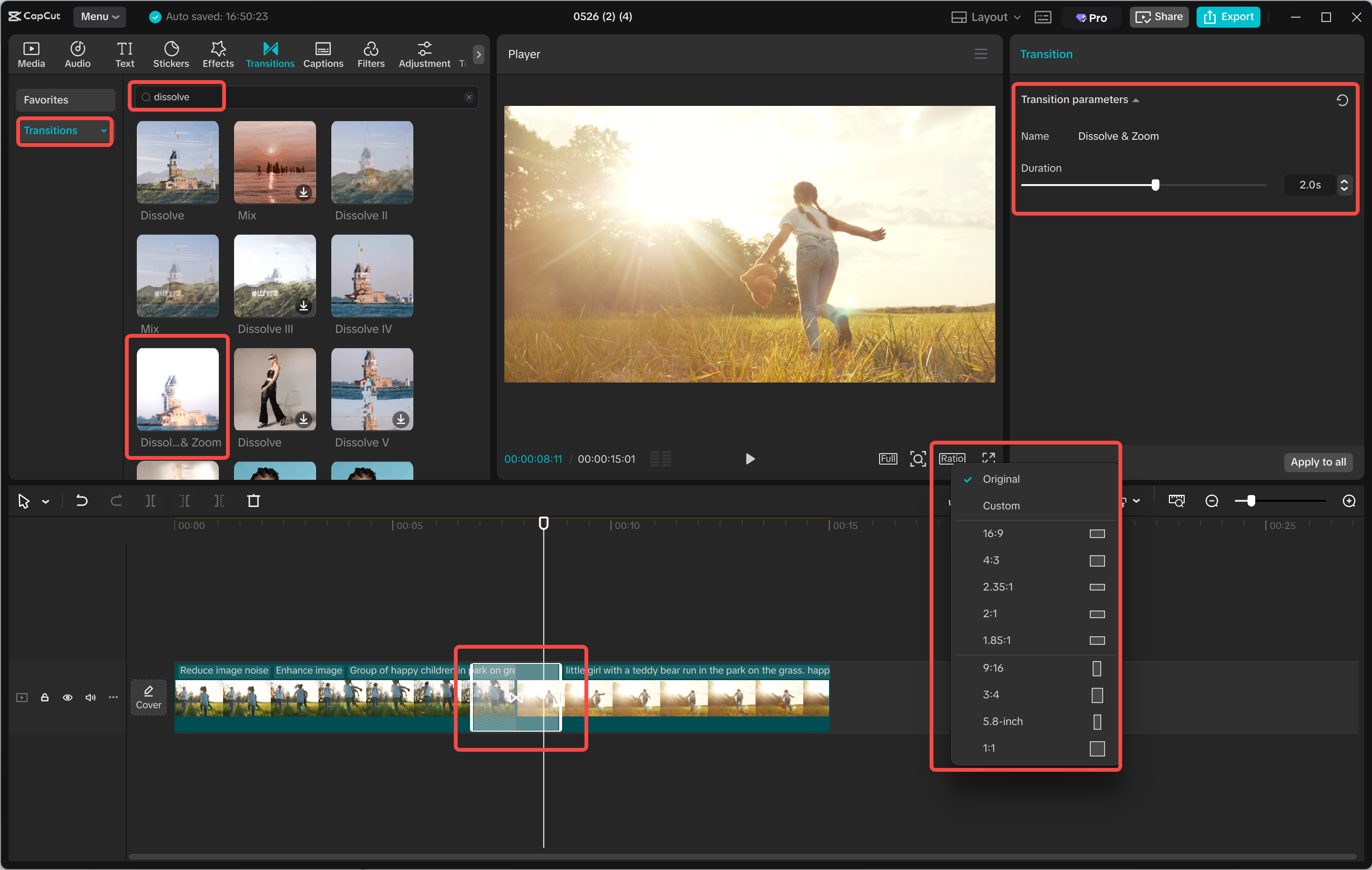 Adding a dissolve effect to a video in the CapCut desktpo video editor