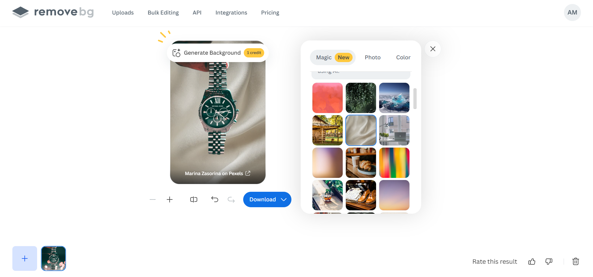 Interface ng Remove.bg