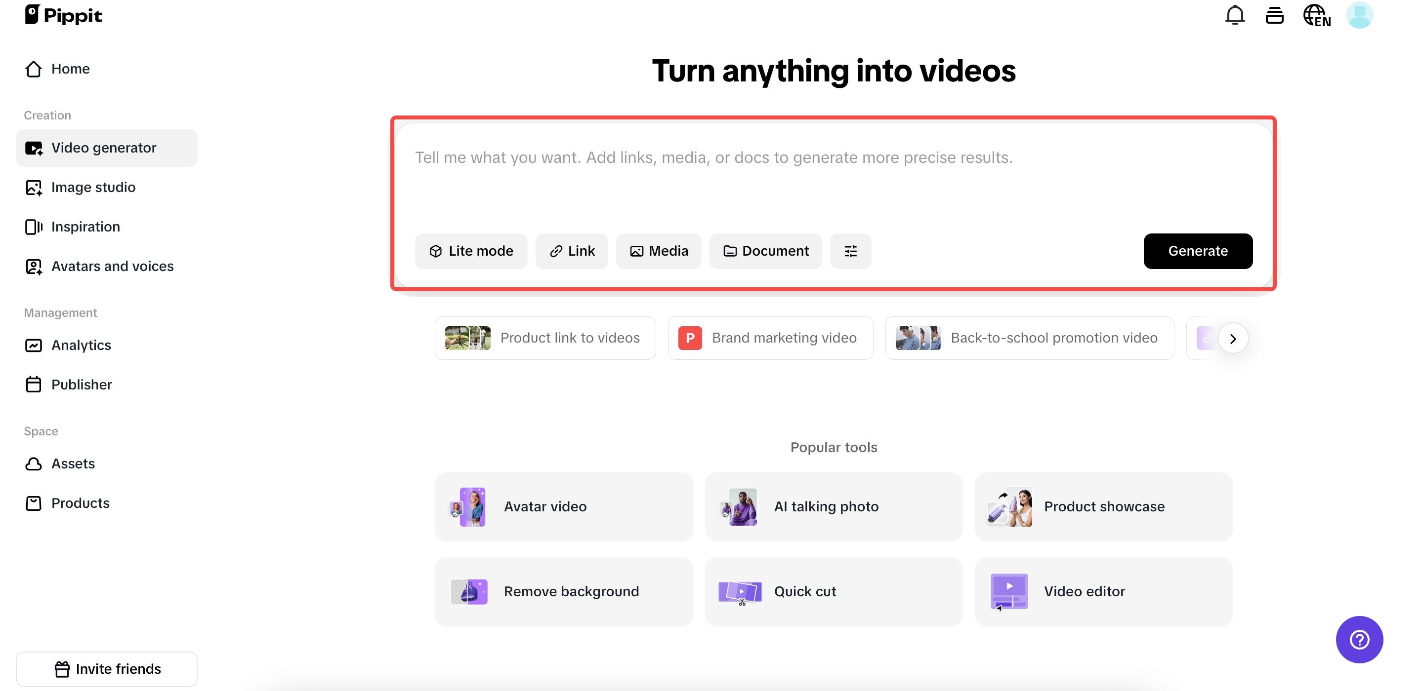 Upload links and media to generate