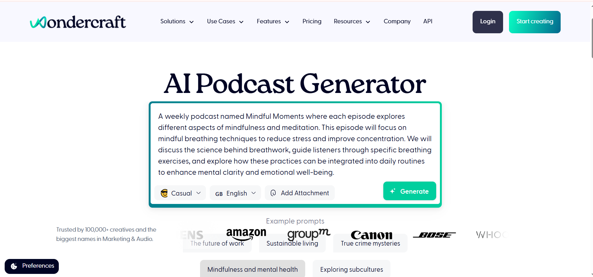 Wondercraft介面-將文字轉換為播客