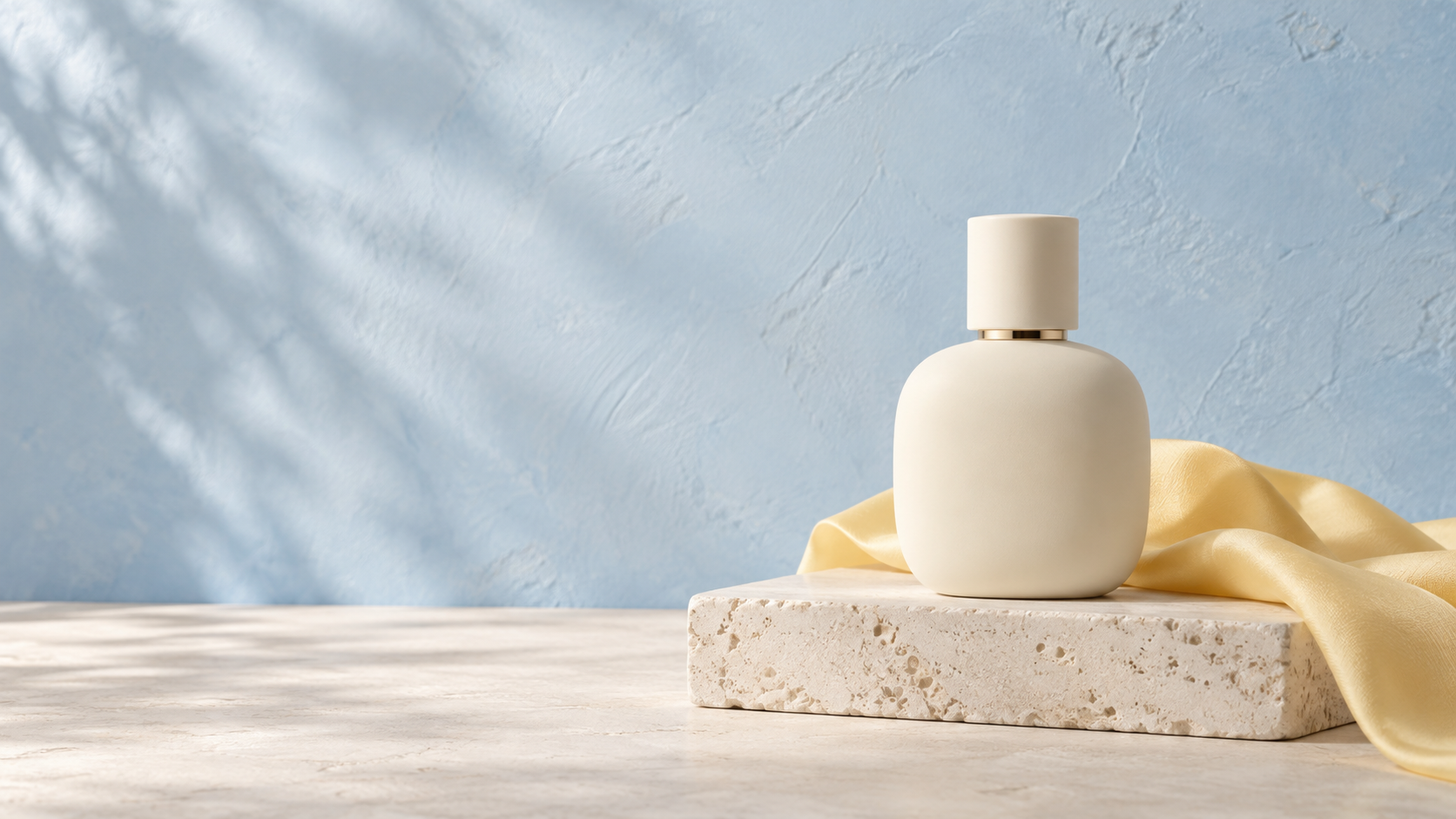 O sticlă de parfum crem pe travertin cu țesătură galben pal