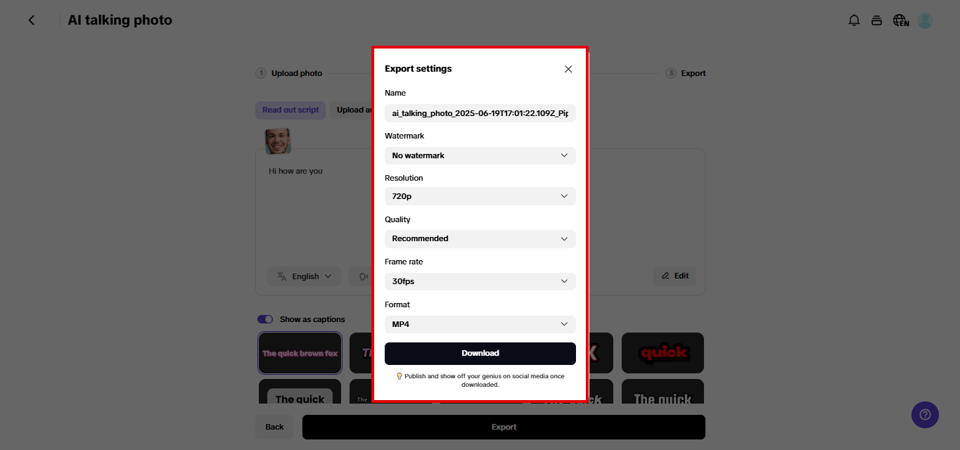 Exporting living portrait to device