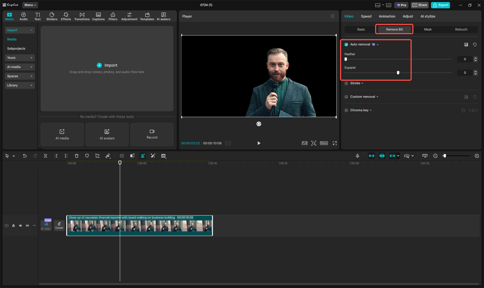 Remove the video background using auto removal in CapCut
