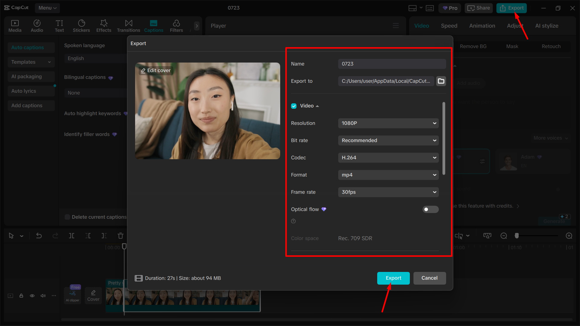 Exportar um vídeo do editor de vídeo para desktop CapCut