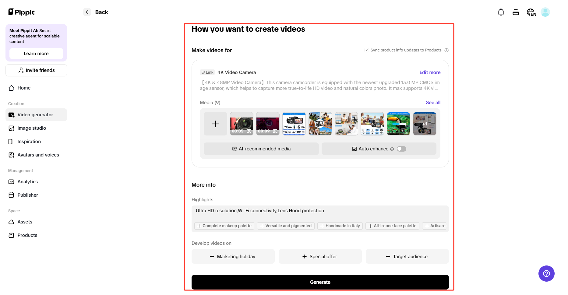 Generate marketing videos