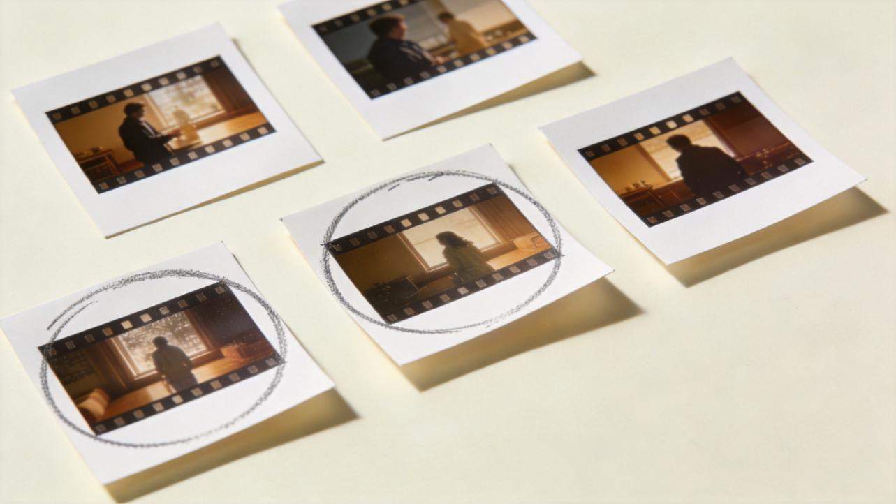 Five printed film-strip frames on a desk, with two circled in pencil