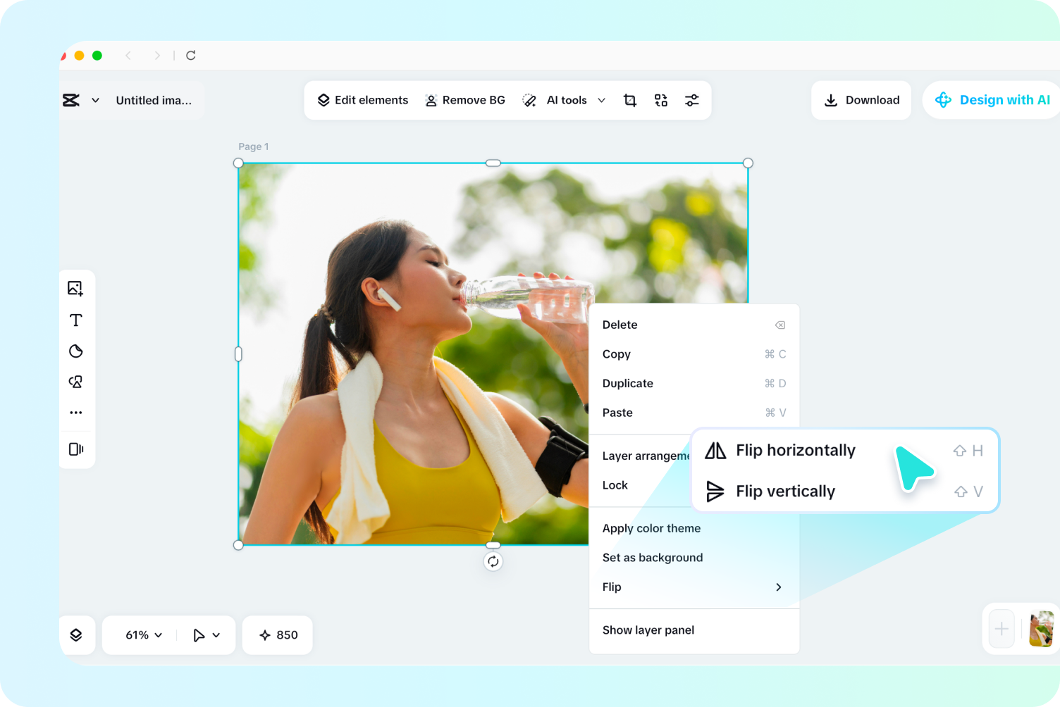 Flipping the image using CapCut's image flipper