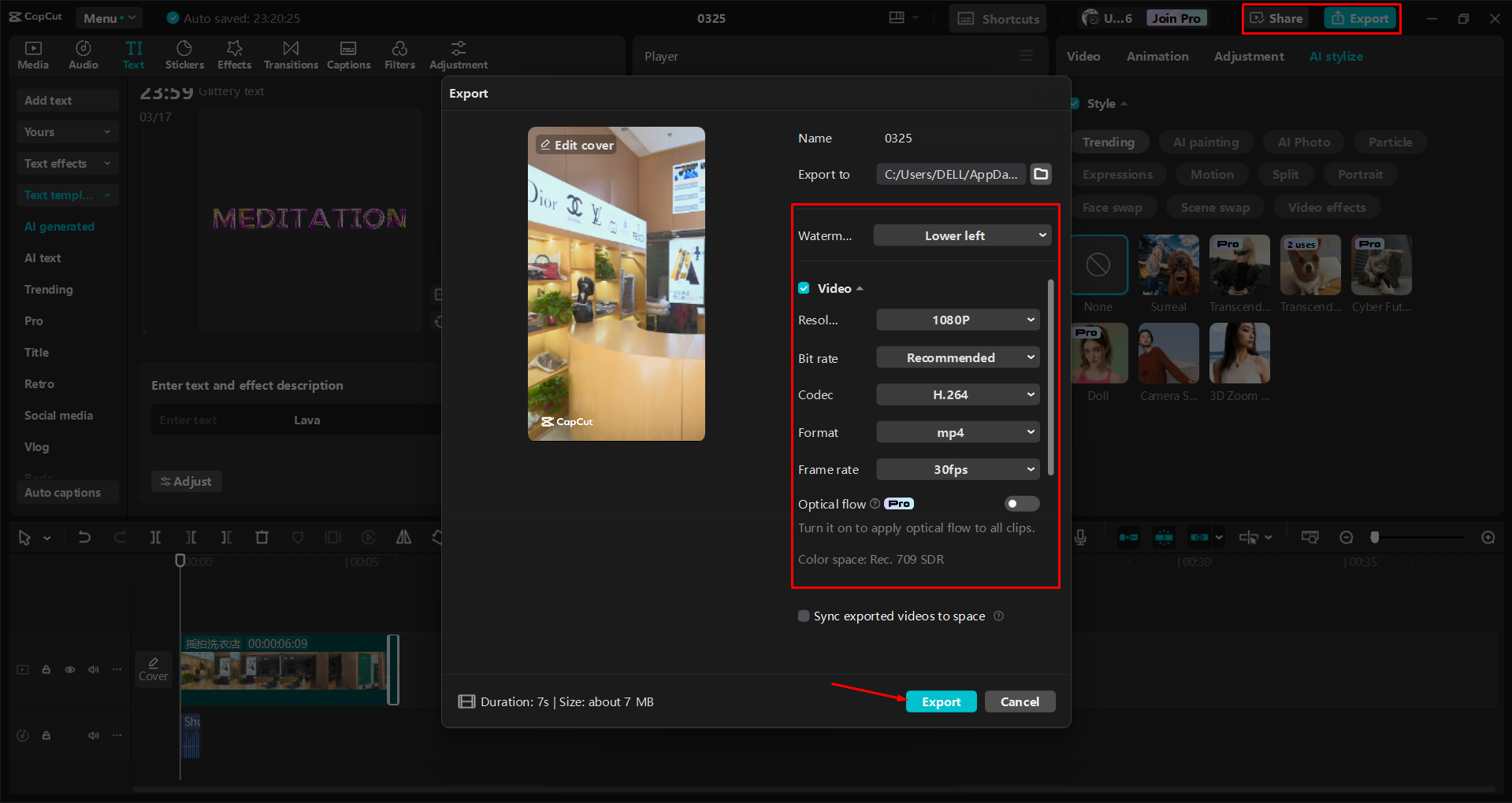 Exporting a video from the CapCut desktop video editor
