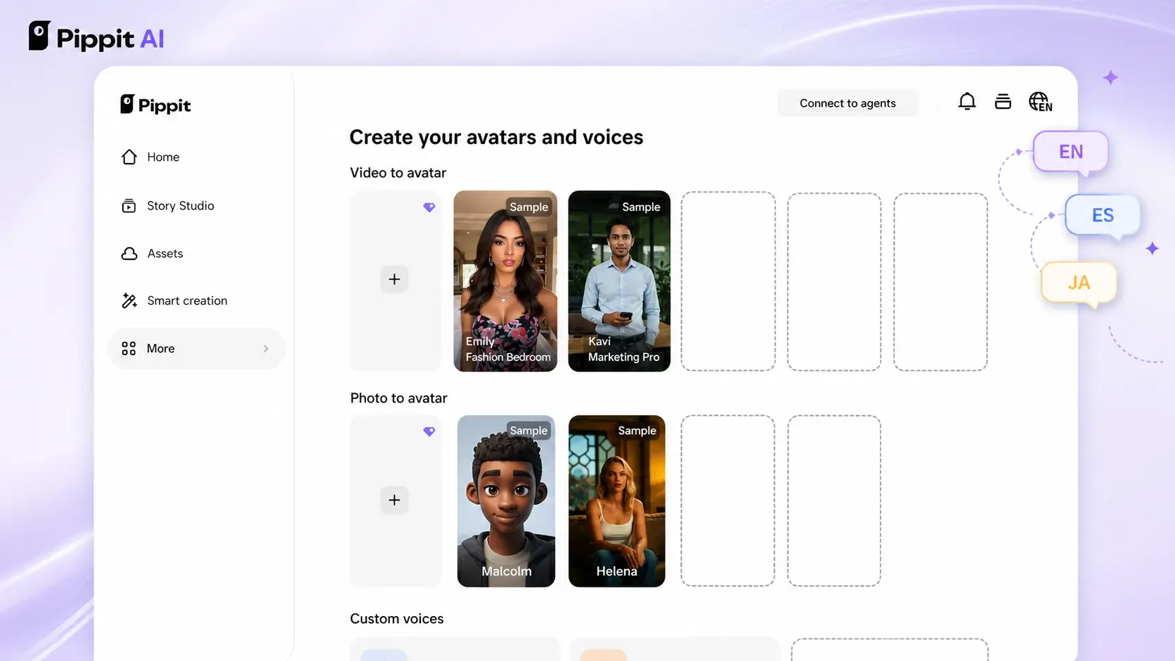 Pippit AI dashboard for creating avatars and voices, with video and photo avatar sample cards and EN, ES, JA language bubbles