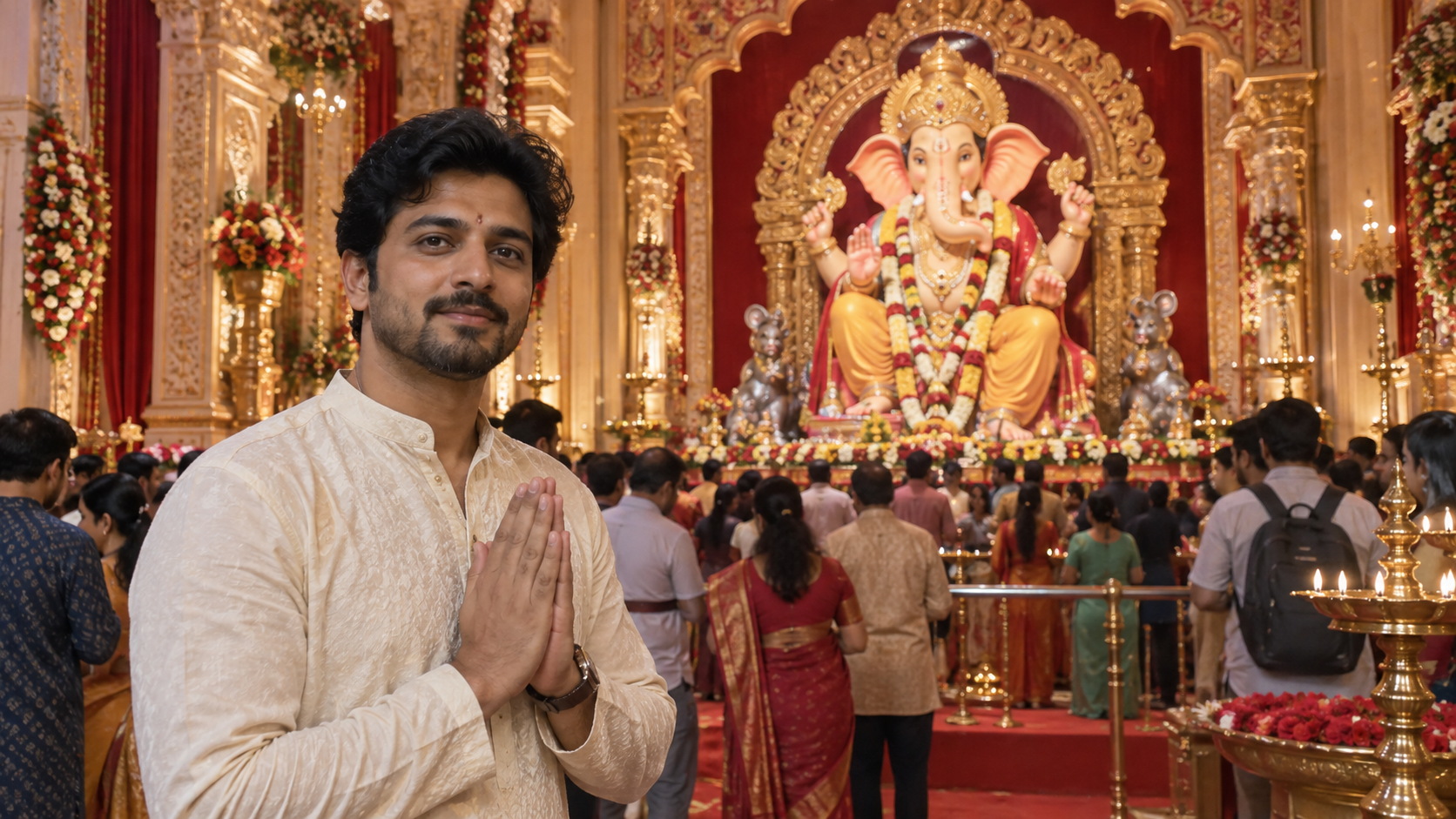 a respectful visitor portrait inside a grand Ganesh festival pandal with clear foreground identity and distant ceremonial scale