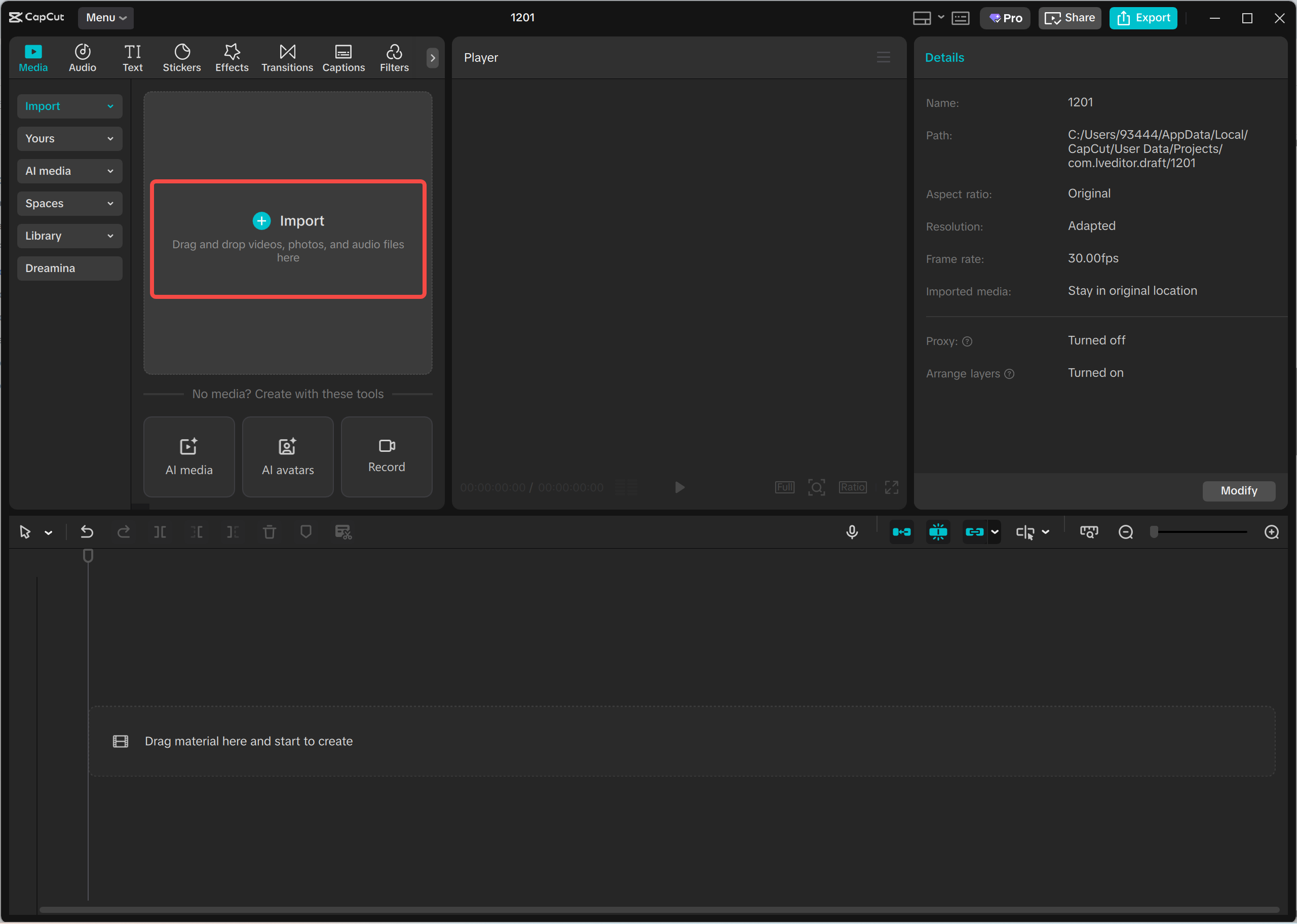 Importing the video in the CapCut desktop video editor
