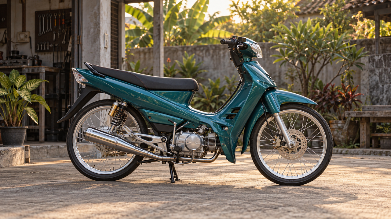 Original teal underbone with narrow black saddle, silver spoked wheels and visible central engine, parked in a quiet small workshop courtyard under warm late-afternoon light, complete side view.