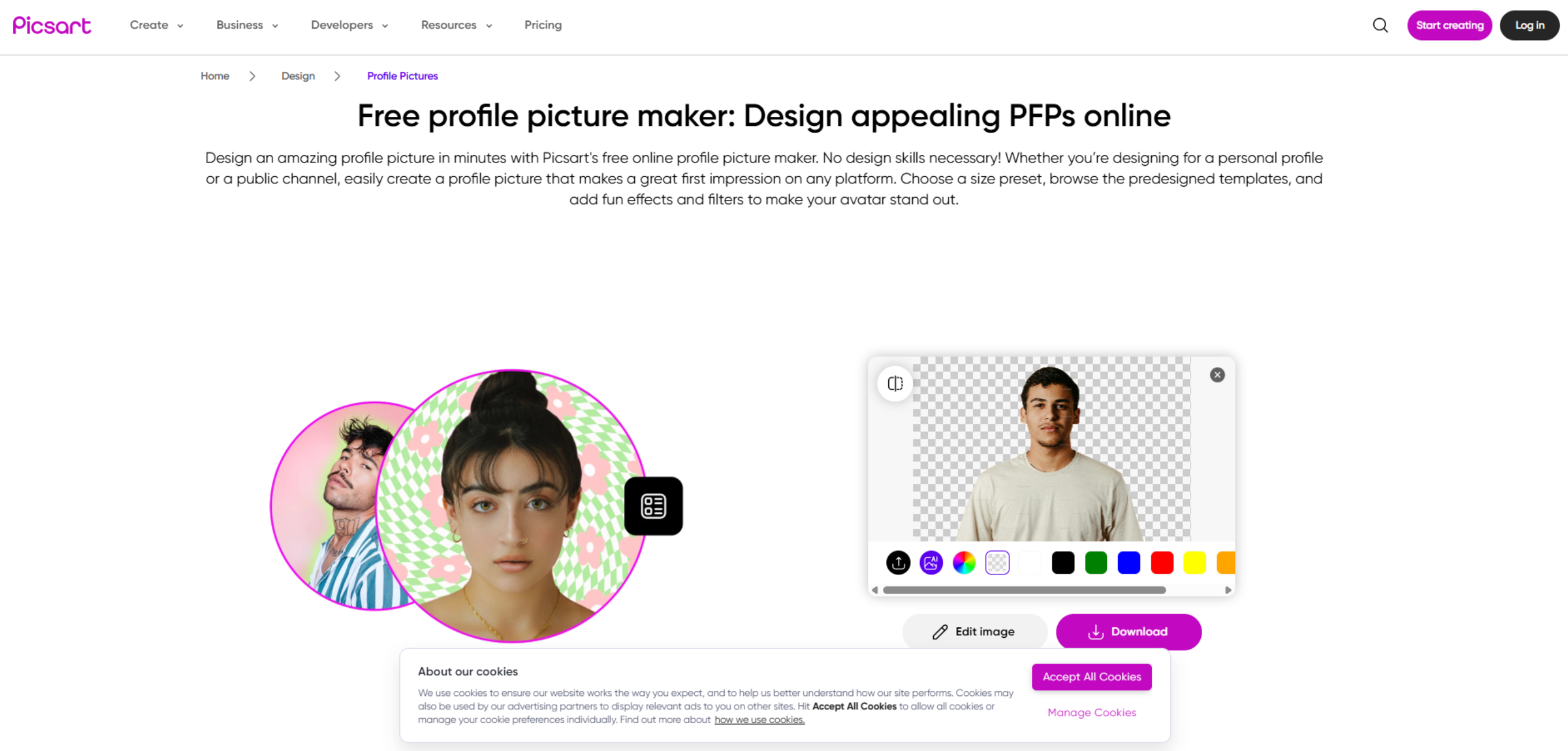 Antara muka Picsart - alat lain untuk mencipta gambar profil Whatsapp