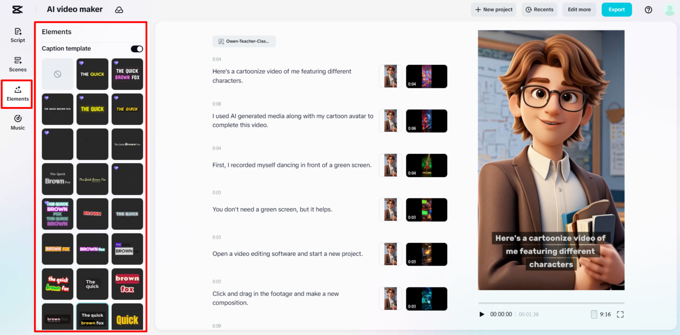 Adding captions to a cartoon video in CapCut's AI video maker