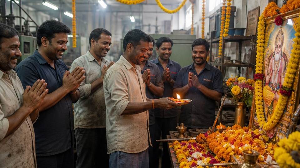 Vishwakarma Puja AI Photo Prompts — craft workers honoring machinery in a decorated workshop