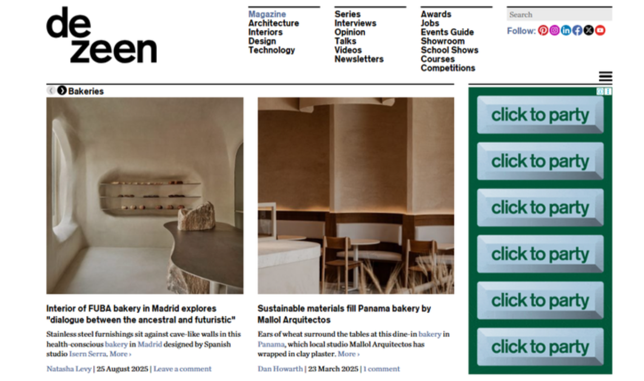 Interface of Dezeen - an online resource for bakery shop interior designs