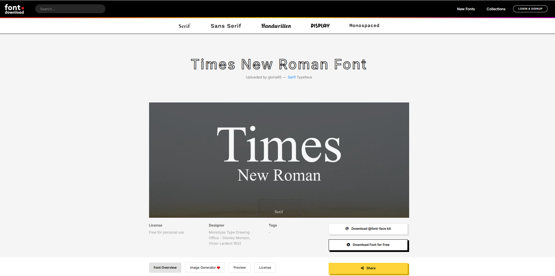 Interface of Font Download - the best resource for free Times New Roman font