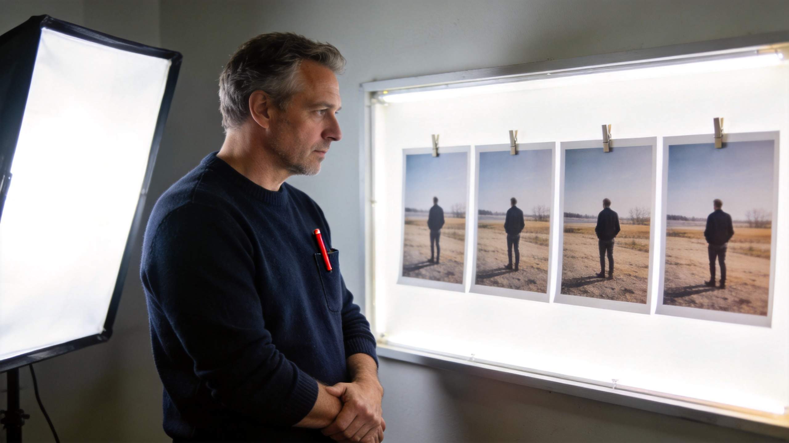 Man studying four photos of a person standing in a field