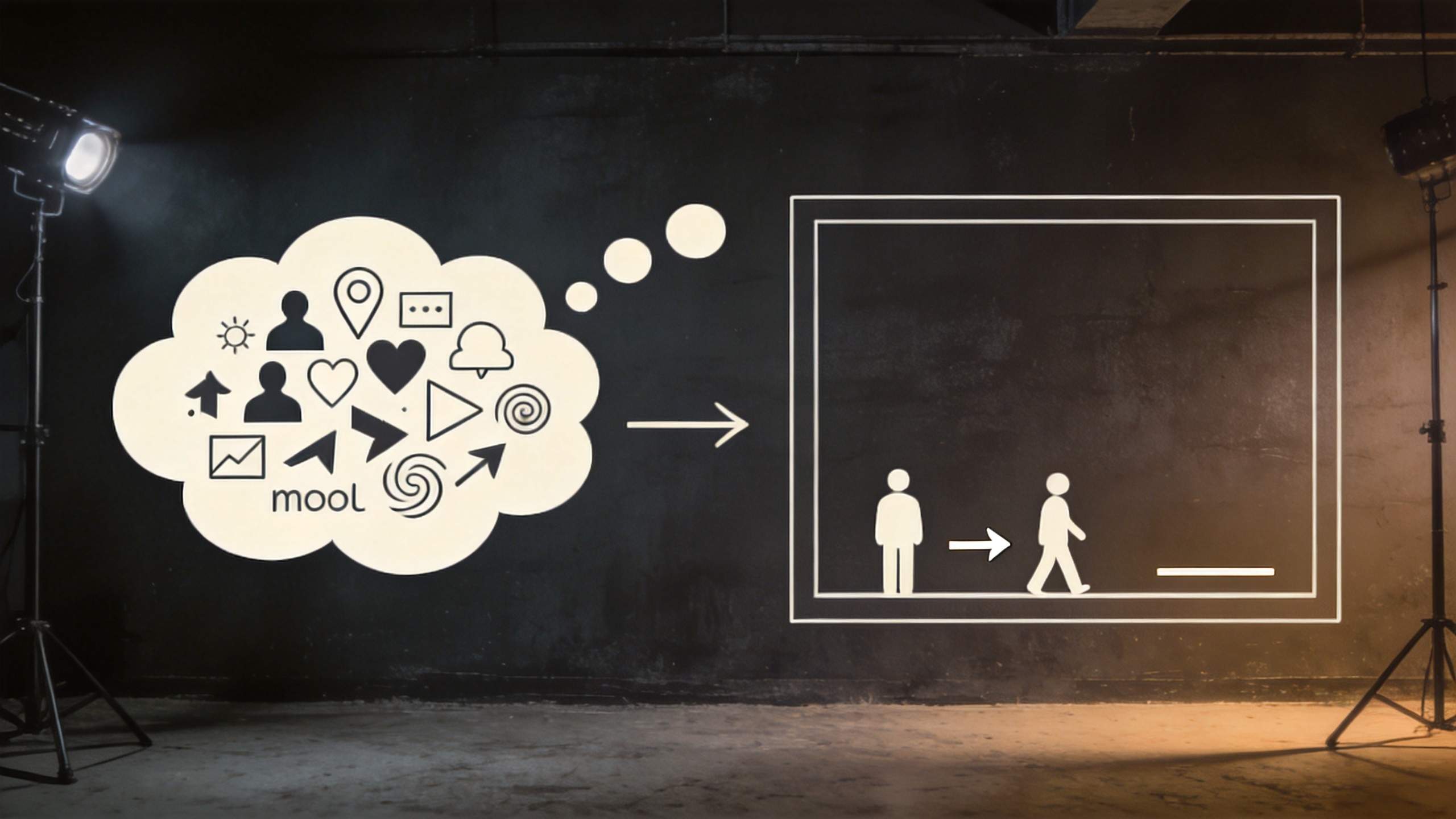 Cloud of icons points to a framed stage with two walking figures