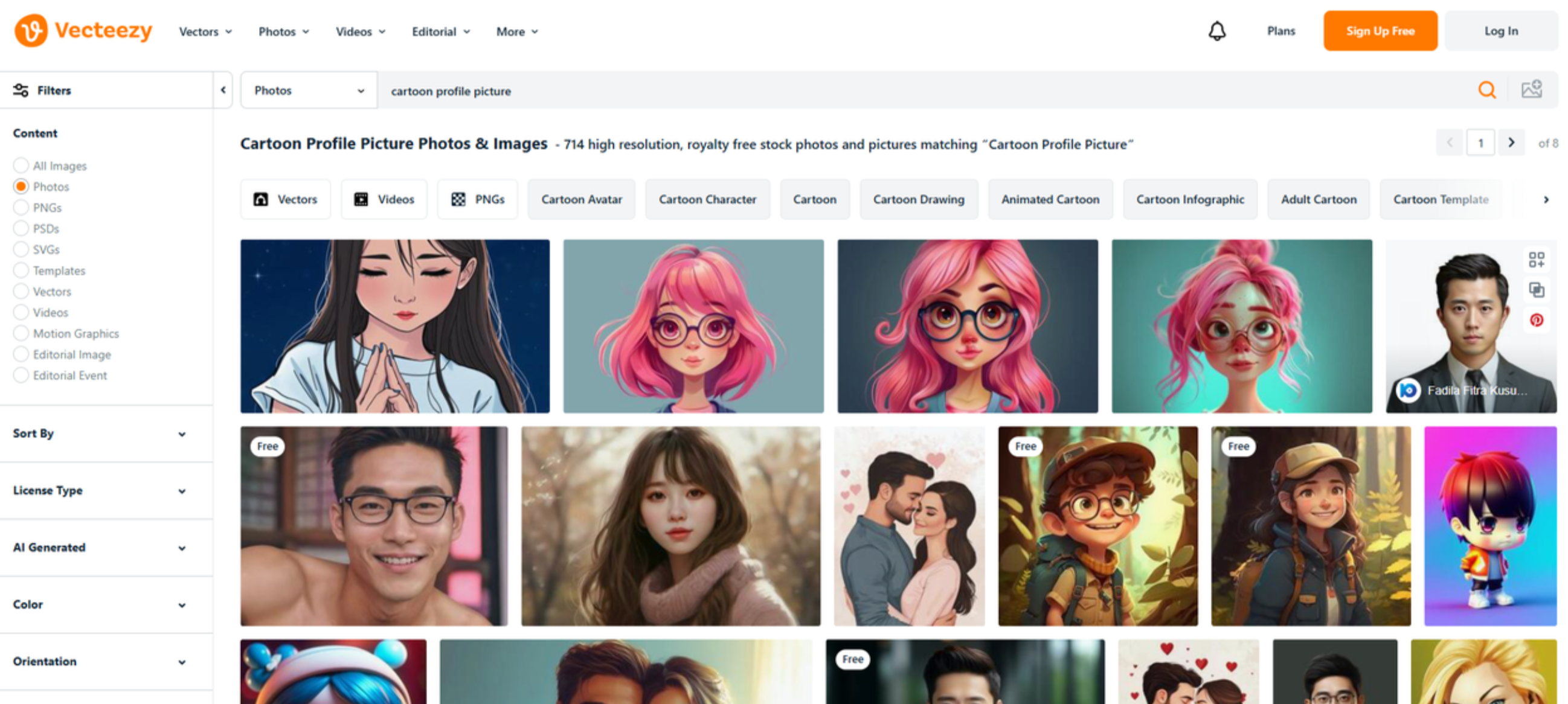 Interface of Vecteezy - a valuable resource for cartoon profile pictures