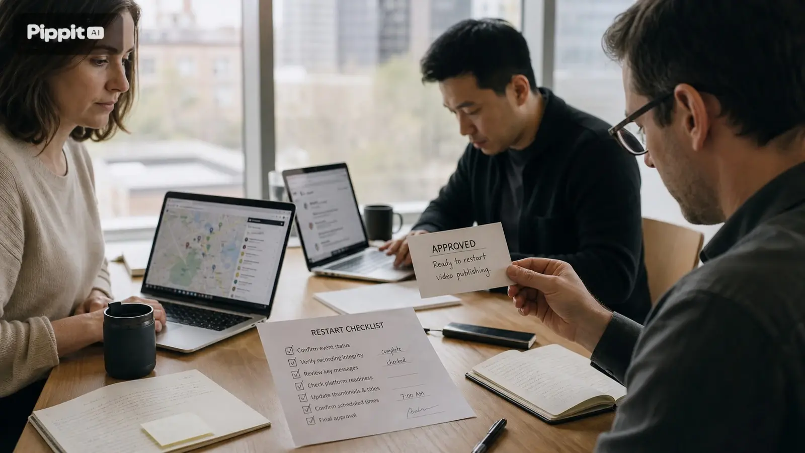 Team reviews a restart checklist and approved card during a planning meeting