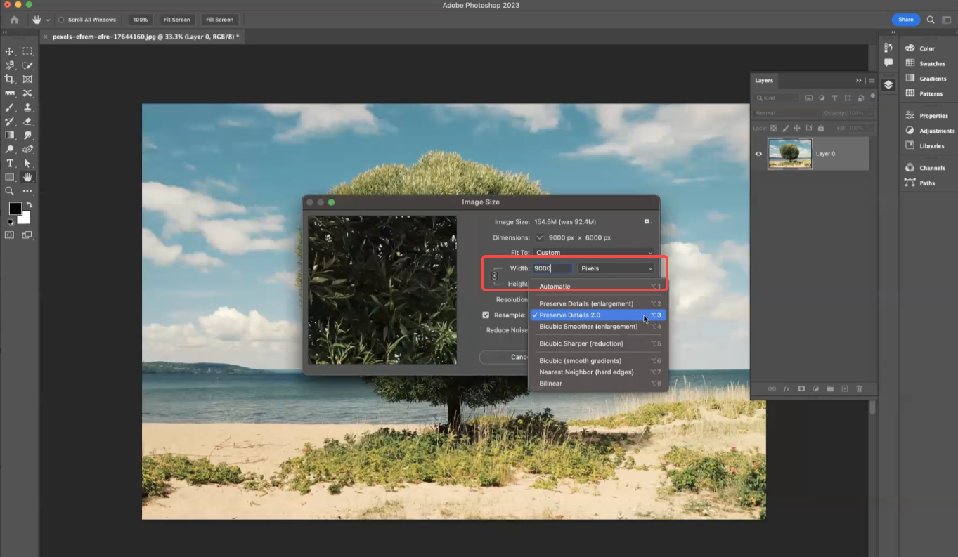 Enter new values of the Width and Height