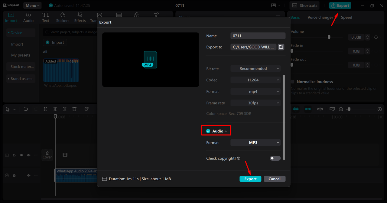 CapCut desktop export window showing format settings for the trimmed MP3 audio file.