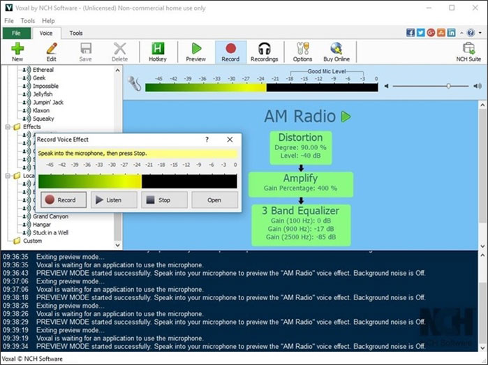 Interface of NCH Voxal Voice Changer - the most liked real time voice changer
