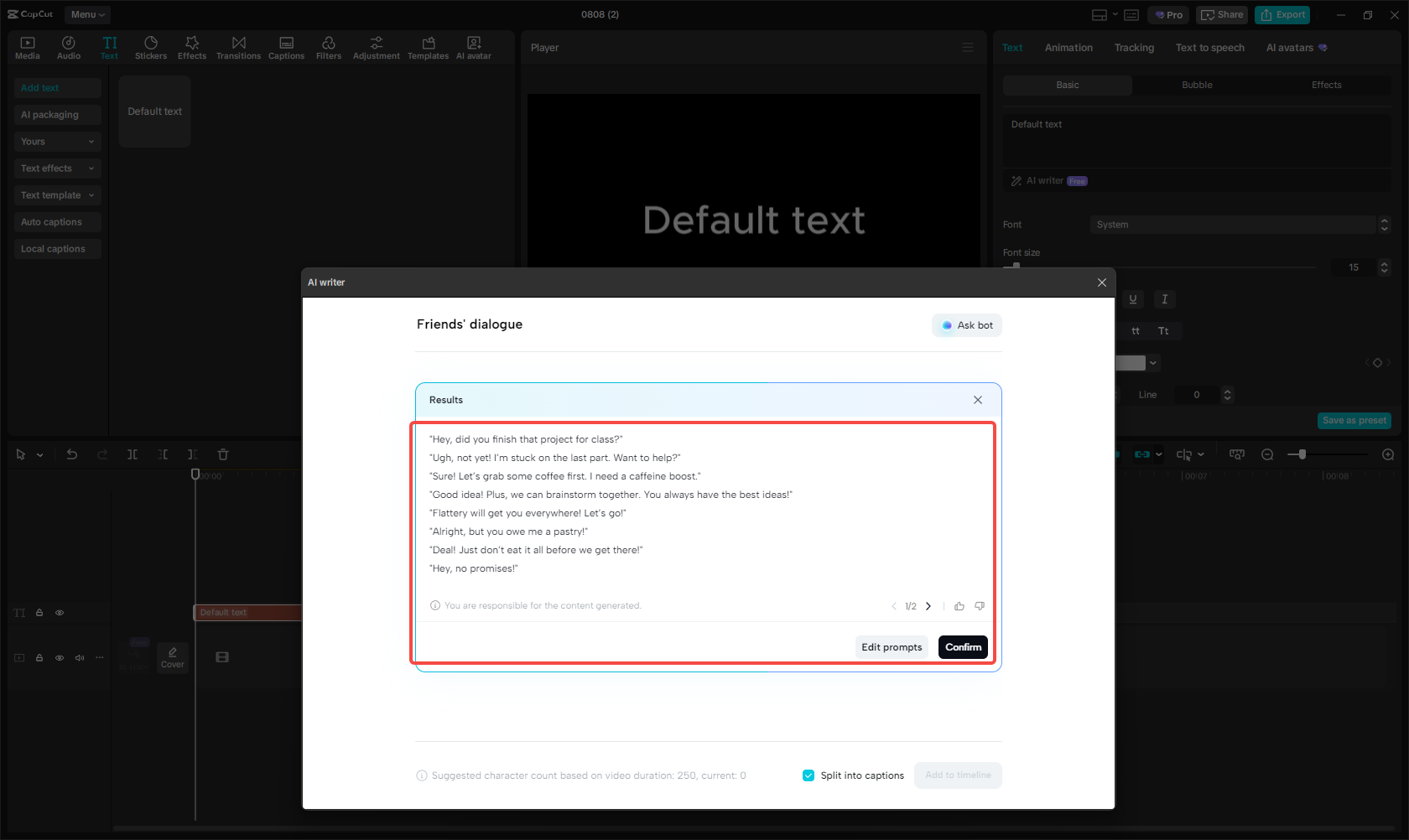 テキストをダイアログに変換するCapCut